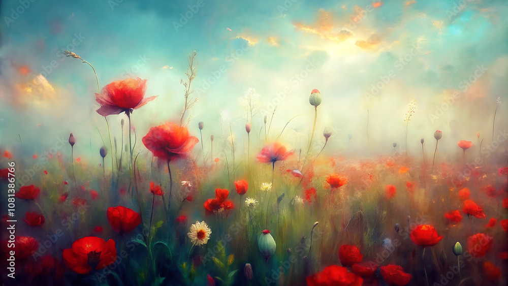 Fototapeta premium Painterly field of red poppies scattered among green foliage with dragonfly detail. Soft teal sky creates serene atmosphere with visible brushstrokes and gentle illumination. Concept: art print, natur