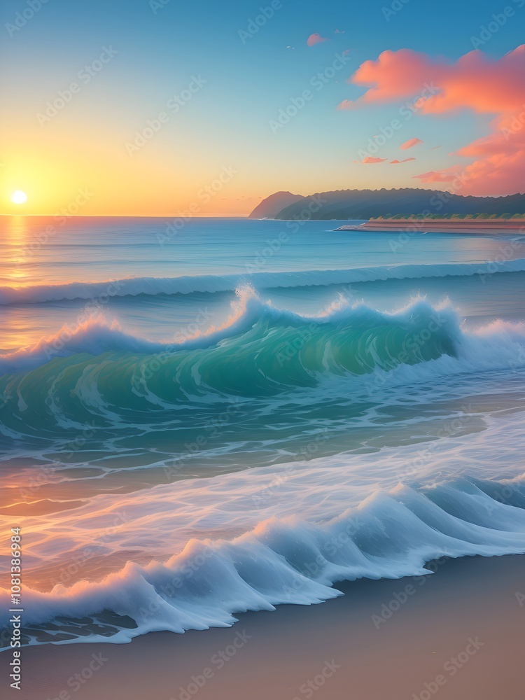 Fototapeta premium Pastel Sunset Sea Beach Painting Art
