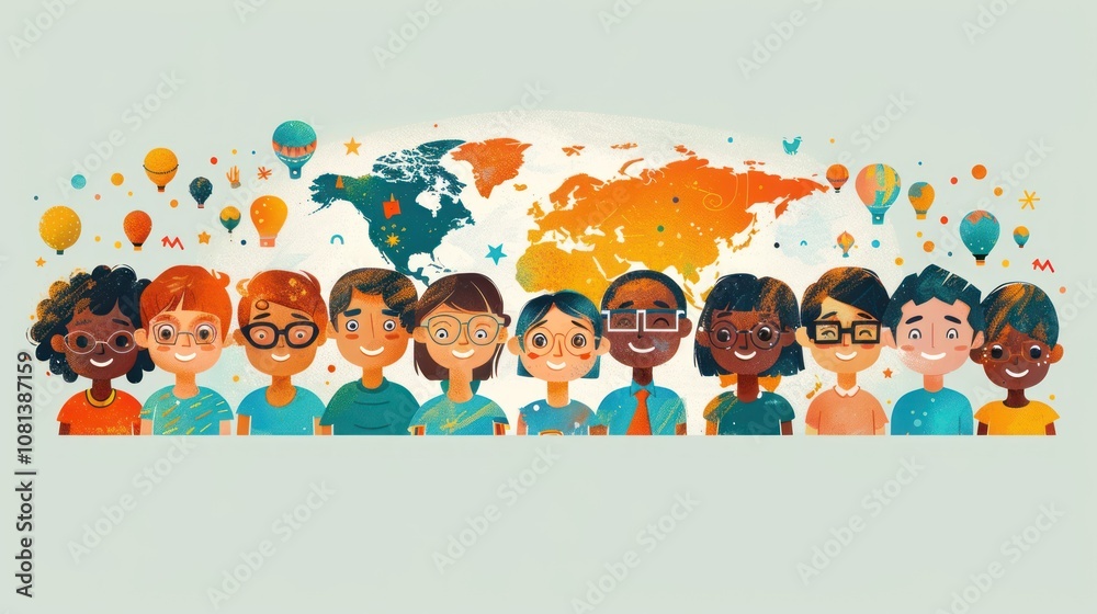 A diverse group of children smiling and looking at the camera in front of a world map. A diverse group of children smiling and looking at the camera in front of a world map.