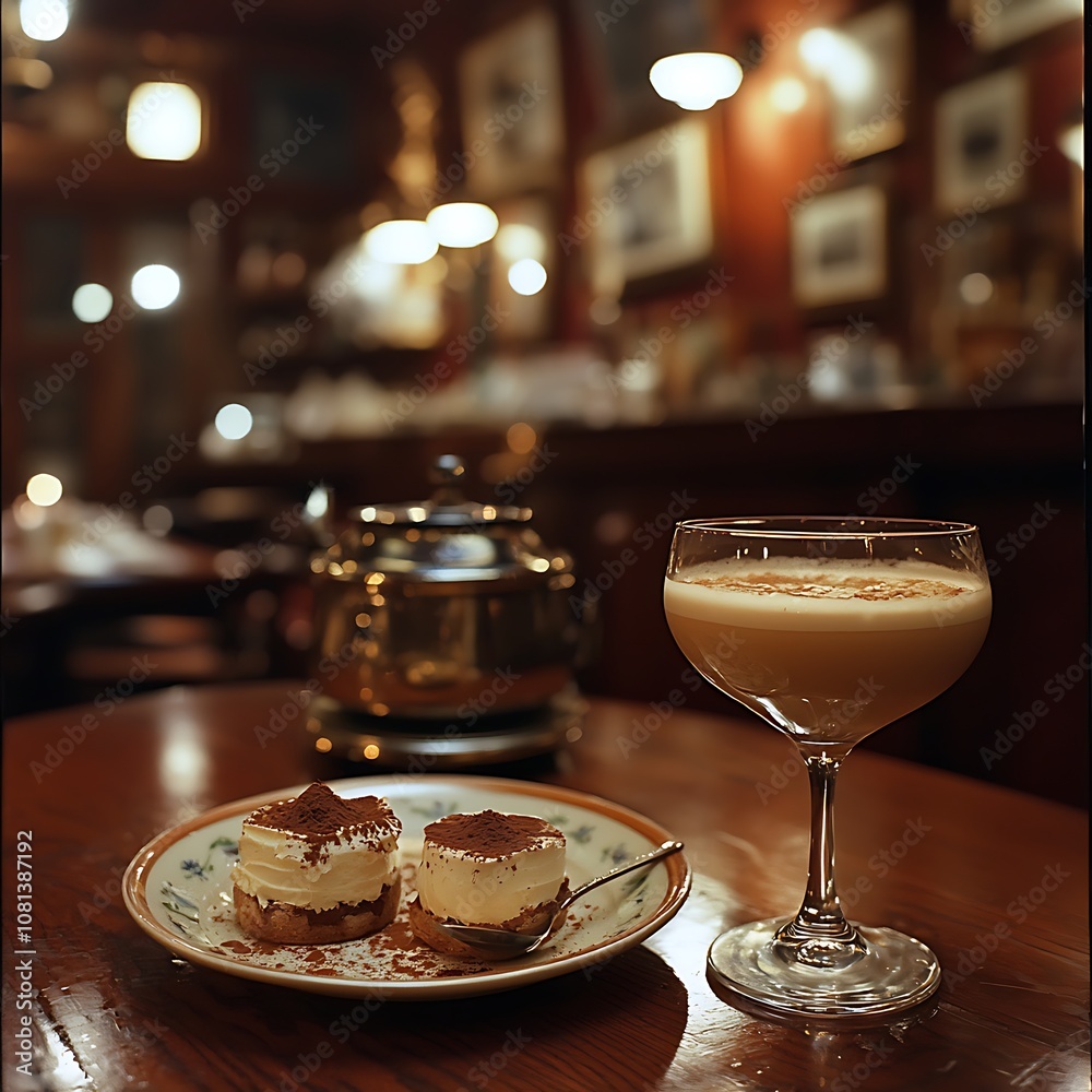 Delicious Tiramisu Dessert with a Glass of Coffee on a Wooden Table. Delicious Tiramisu Dessert with a Glass of Coffee on a Wooden Table.