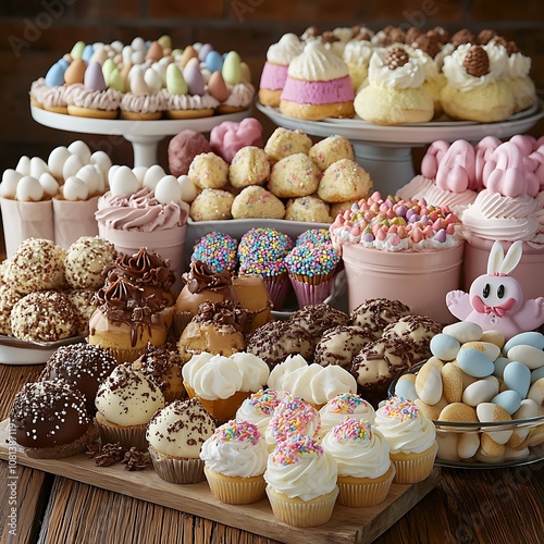 Festive Easter Dessert Spread with Cupcakes, Chocolate Treats, and Candy Eggs. photo