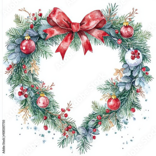 festive heart shaped Christmas wreath adorned with red ornaments and bow, perfect for holiday decor