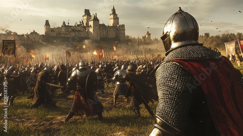Clash or medieval battle of warriors, knights on a field with a castle in the background
 photo