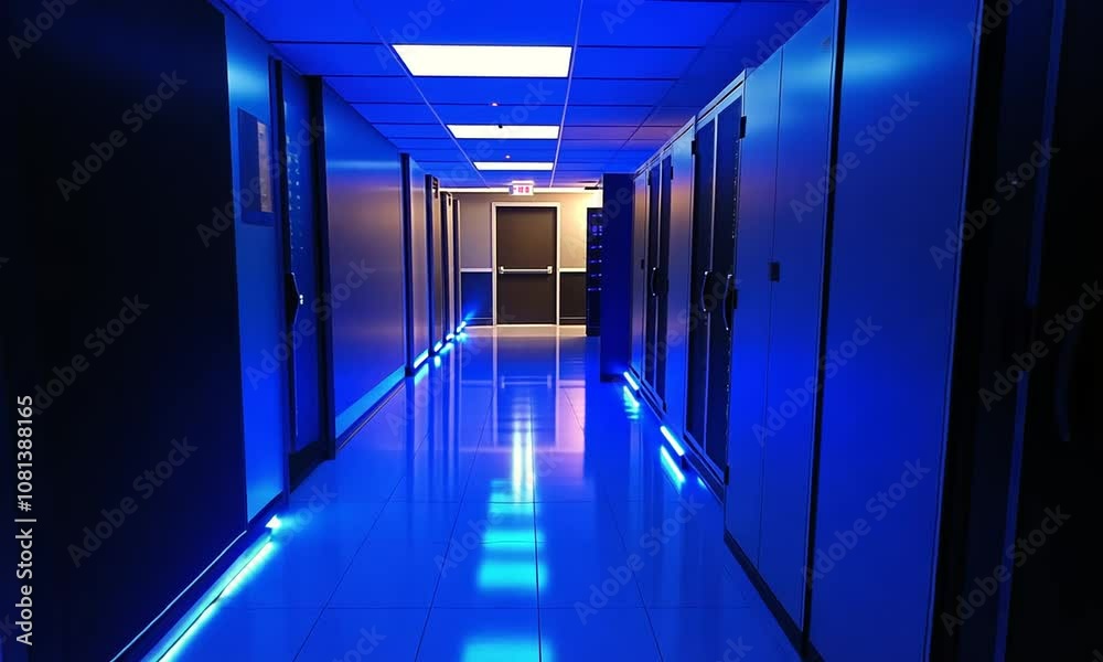 Blue Illuminated Server Room Corridor Blue Illuminated Server Room Corridor