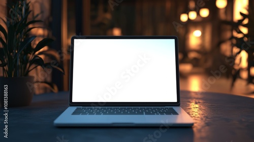 Laptop with white blank screen with space for text or graphics on a table in the evening with lights in the background on a slightly blurred background 