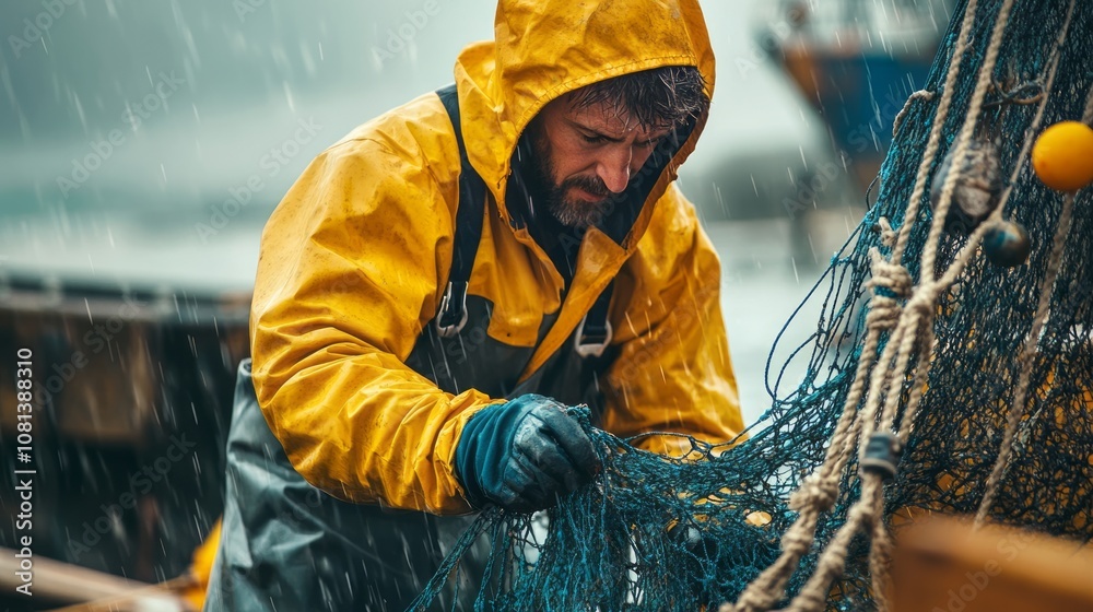 Obraz premium Fisherman in yellow outfit working on fishing boat with nets in hands in rainy weather, hard work of fisherman on boat 