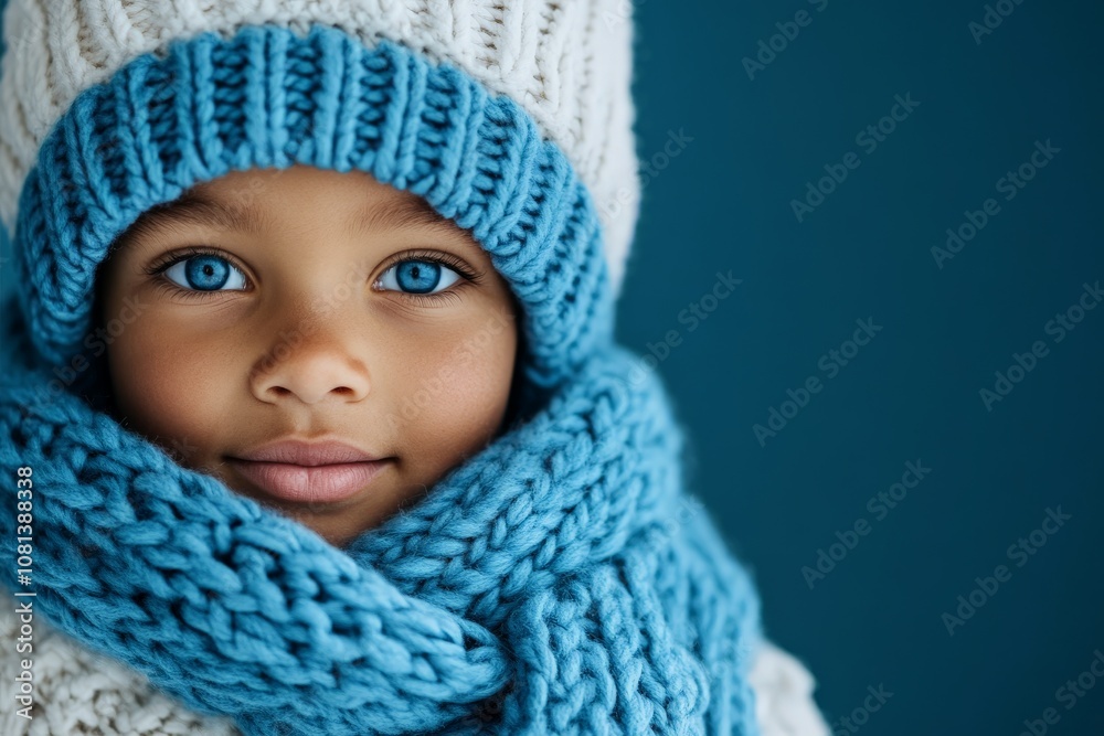 A charming child with bright blue eyes bundled warmly in a blue knitted scarf and hat, looking forward, exuding warmth against a simple deep blue background. A charming child with bright blue eyes bundled warmly in a blue knitted scarf and hat, looking forward, exuding warmth against a simple deep blue background.