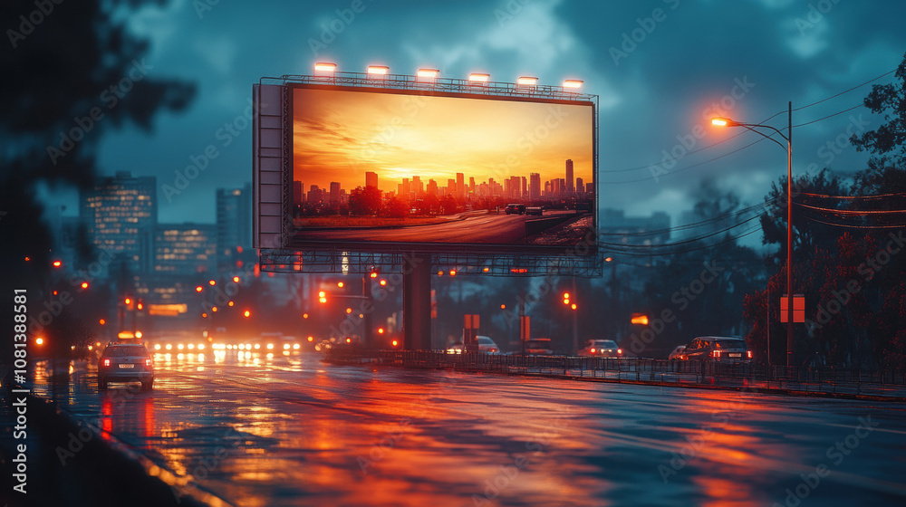 Billboard displaying vibrant sunset over city skyline, illuminated by streetlights on rainy evening. wet road reflects colorful scene, creating captivating urban atmosphere Billboard displaying vibrant sunset over city skyline, illuminated by streetlights on rainy evening. wet road reflects colorful scene, creating captivating urban atmosphere