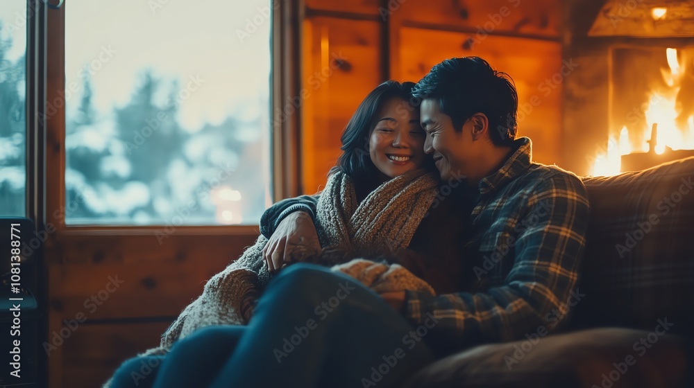 A couple cuddles by the fireplace in a cozy cabin. A couple cuddles by the fireplace in a cozy cabin.