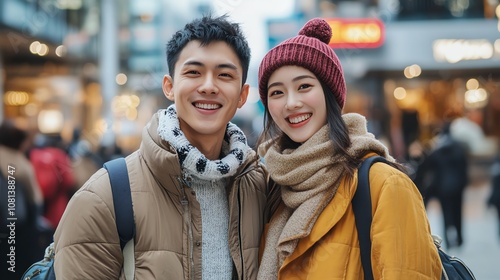 A young couple is smiling at the camera in the city.