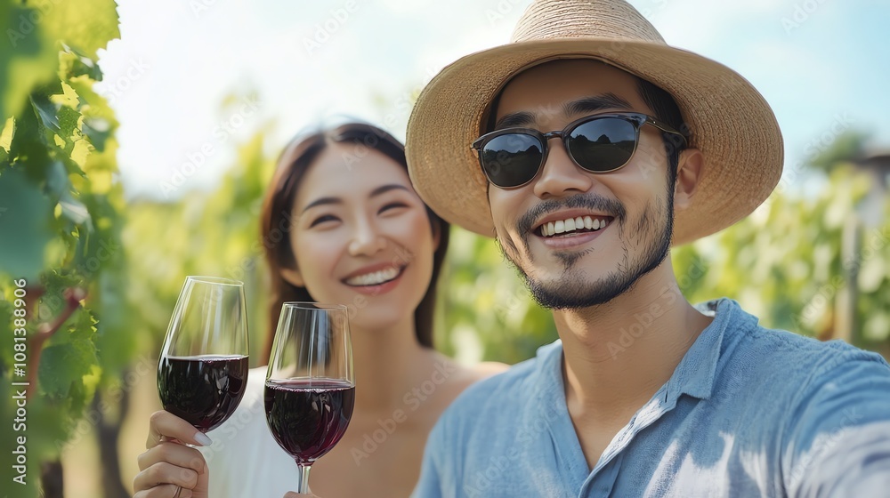 A young couple smiles and looks at each other while enjoying wine in a vineyard. A young couple smiles and looks at each other while enjoying wine in a vineyard.