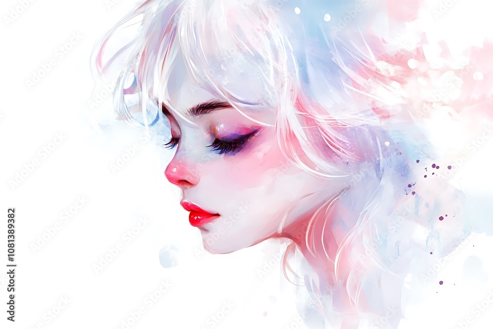 Digital art portrait of a young woman with white hair, pink cheeks, and red lips on a white background