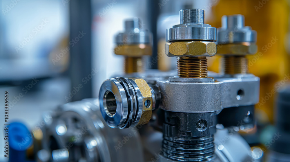 Close up of turbocharger assembly with bolts and fittings, showcasing intricate details and precision engineering. image captures mechanical components in well lit environment Close up of turbocharger assembly with bolts and fittings, showcasing intricate details and precision engineering. image captures mechanical components in well lit environment