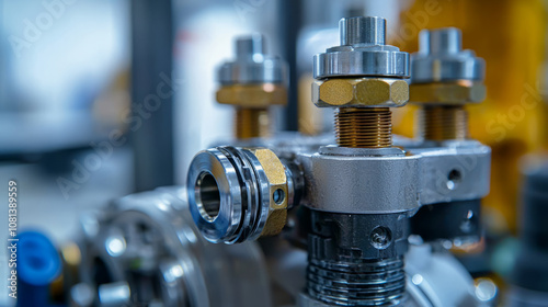 Close up of turbocharger assembly with bolts and fittings, showcasing intricate details and precision engineering. image captures mechanical components in well lit environment