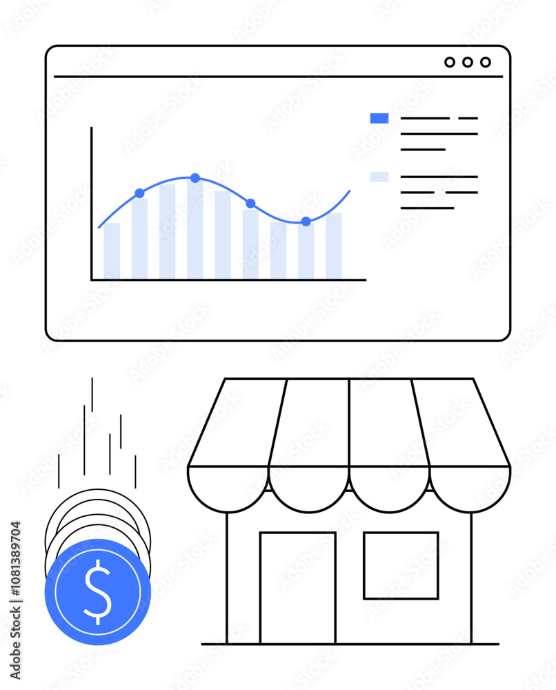 Obraz premium Analytics graph and data on a computer screen, small store building, coins symbolizing revenue. Ideal for e-commerce, small business, finance, growth strategy, sales analysis market trends. Line