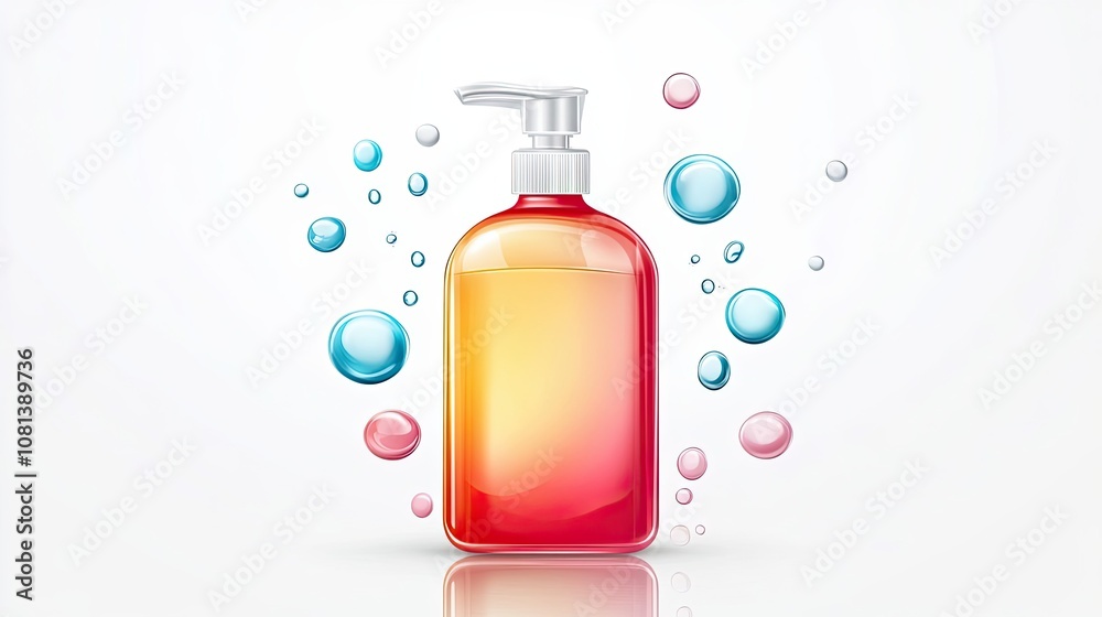 Red and Yellow Liquid Soap Bottle with Surrounding Bubbles Red and Yellow Liquid Soap Bottle with Surrounding Bubbles