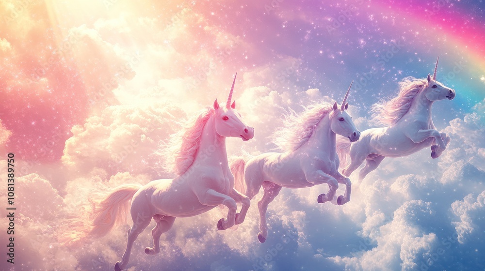 Three white unicorns with golden horns gallop through a rainbow sky with sparkling stars. Three white unicorns with golden horns gallop through a rainbow sky with sparkling stars.