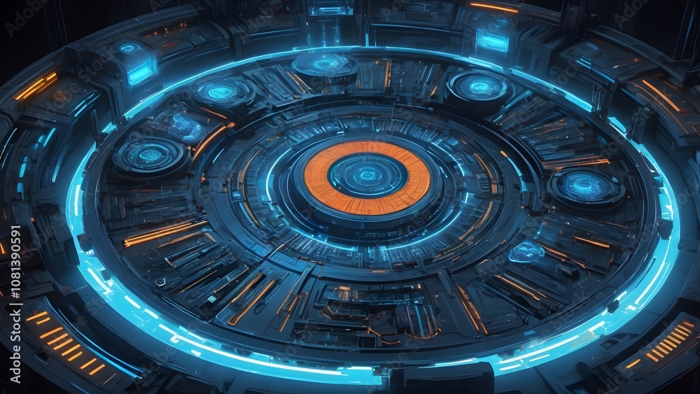 Futuristic 3d illustration Circular Interface with Blue and Orange background, Hues Depicting Advanced Digital Technology Concepts wallpaper .
