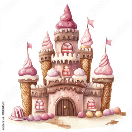 whimsical ice cream castle made of cones and scoops, featuring pink and brown colors, with flags and candy details, evoking sweet fantasy