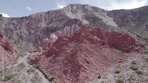 Drone landscape view of Quebrada de las senoritas with multihued cliffs on a sunny day in Uquia photo