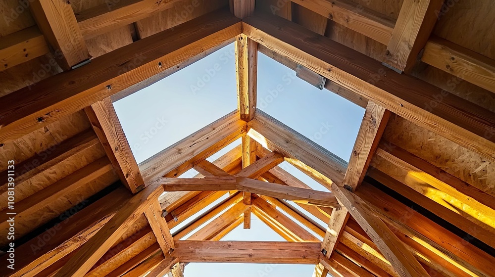 Obraz premium Wooden Beams and Framing for a Roof with a Glimpse of Blue Sky