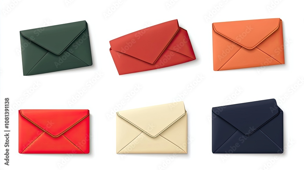 Six Colorful Envelopes with Shadows on a White Background Six Colorful Envelopes with Shadows on a White Background