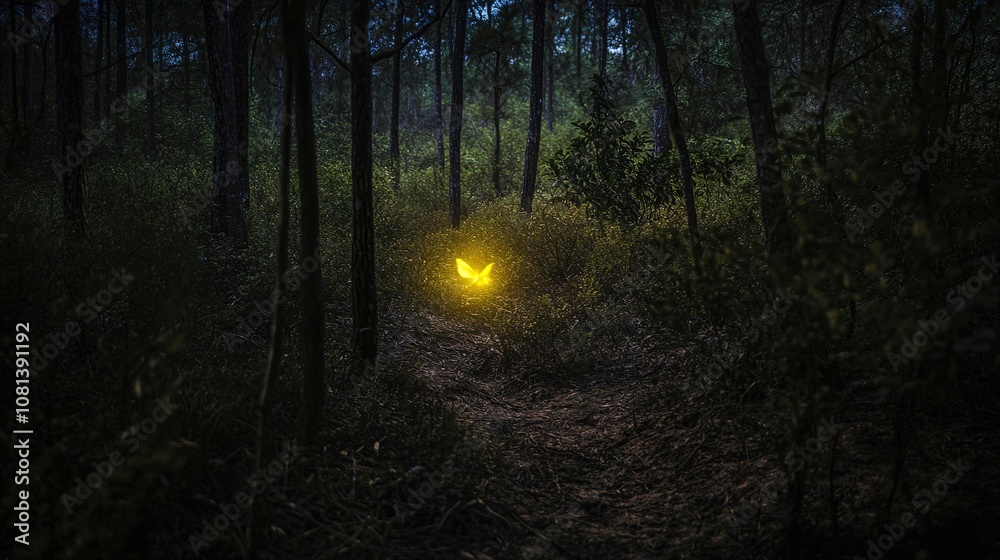 Fototapeta premium A small, mysterious glowing light resembling a firefly floats in the air between the trees, suspended a few meters away. The light is intense yet does not illuminate the ground or cast a shadow,