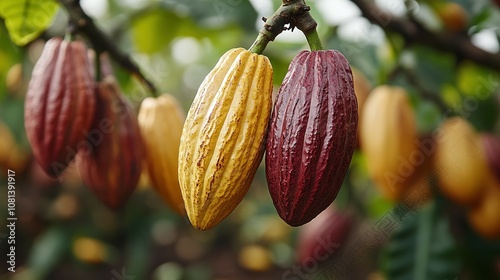 Ripe and Unripe Cocoa Pods Hanging from a Branch photo