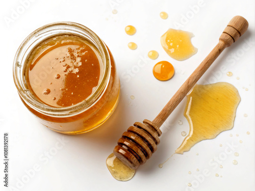 honey and dipper. honey, food, sweet, dipper, jar, isolated, healthy, stick, natural, liquid, wood, white, ingredient, organic, glass, golden, bee, yellow, wooden, gold, nutrition, delicious, pot, spo photo