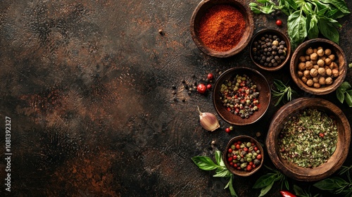 Assortment of Spices in Wooden Bowls on Dark Background