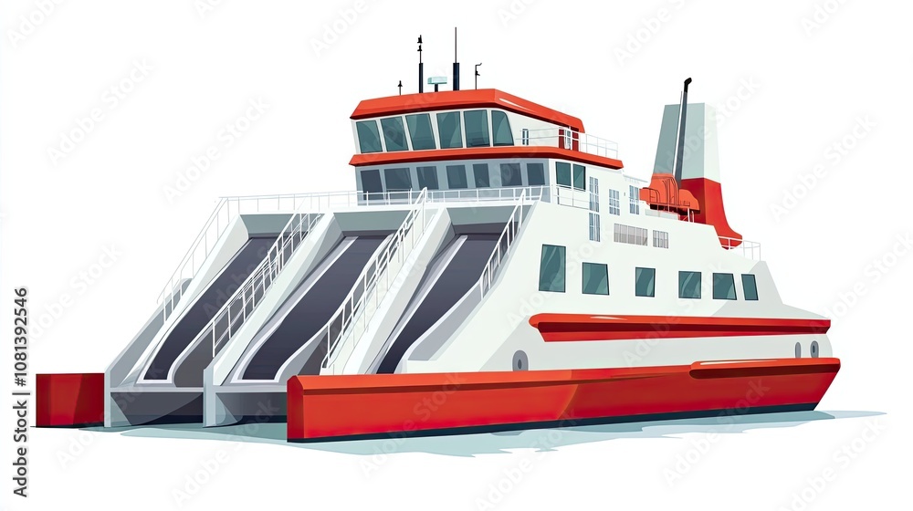 Red and White Ferry Boat with Three Loading Ramps Red and White Ferry Boat with Three Loading Ramps