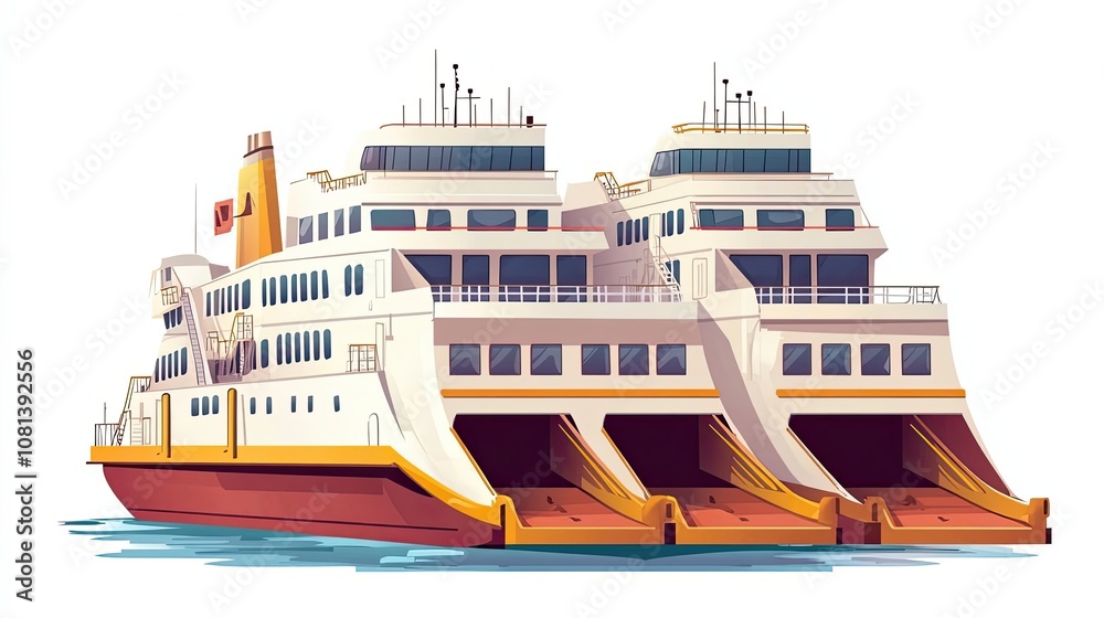 Fototapeta premium White and Red Ferry Boat with Lowered Ramps