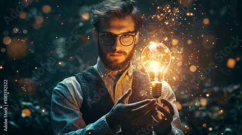 Man Holding Glowing Lightbulb Surrounded by Sparks in Dark Atmosphere photo