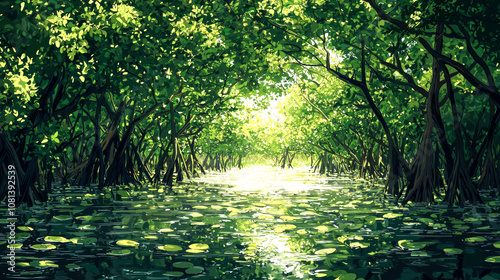 Sunbeams through lush mangrove forest.