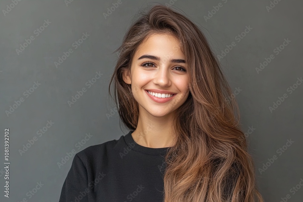 A Woman With Long Hair Smiles Beautifully While Standing Against a Grey Background A Woman With Long Hair Smiles Beautifully While Standing Against a Grey Background