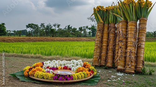 A vast sugarcane field with four sugarcanes decorated on the right side, surrounded by a pile of green grass and vibrant flowers. Below, flowers are placed on a plate, along with an aarti plate,  photo