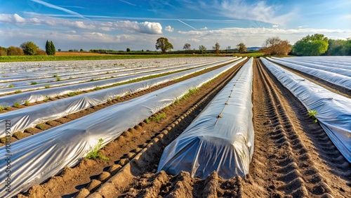 Plastic mulch film made of biodegradable material in a field , agriculture, eco-friendly photo