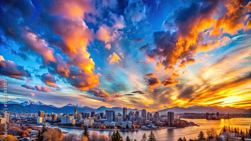 Fototapeta premium Beautiful panoramic view of colorful cloudscape with blue sky in background during a sunny winter sunset in Vancouver