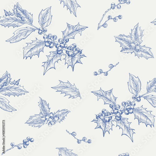 Toile art Christmas seamless pattern holly branch and berries. Vintage Holiday winter background . Hand drawn illustration for design packaging textile wallpaper fabric greeting paper decor new year