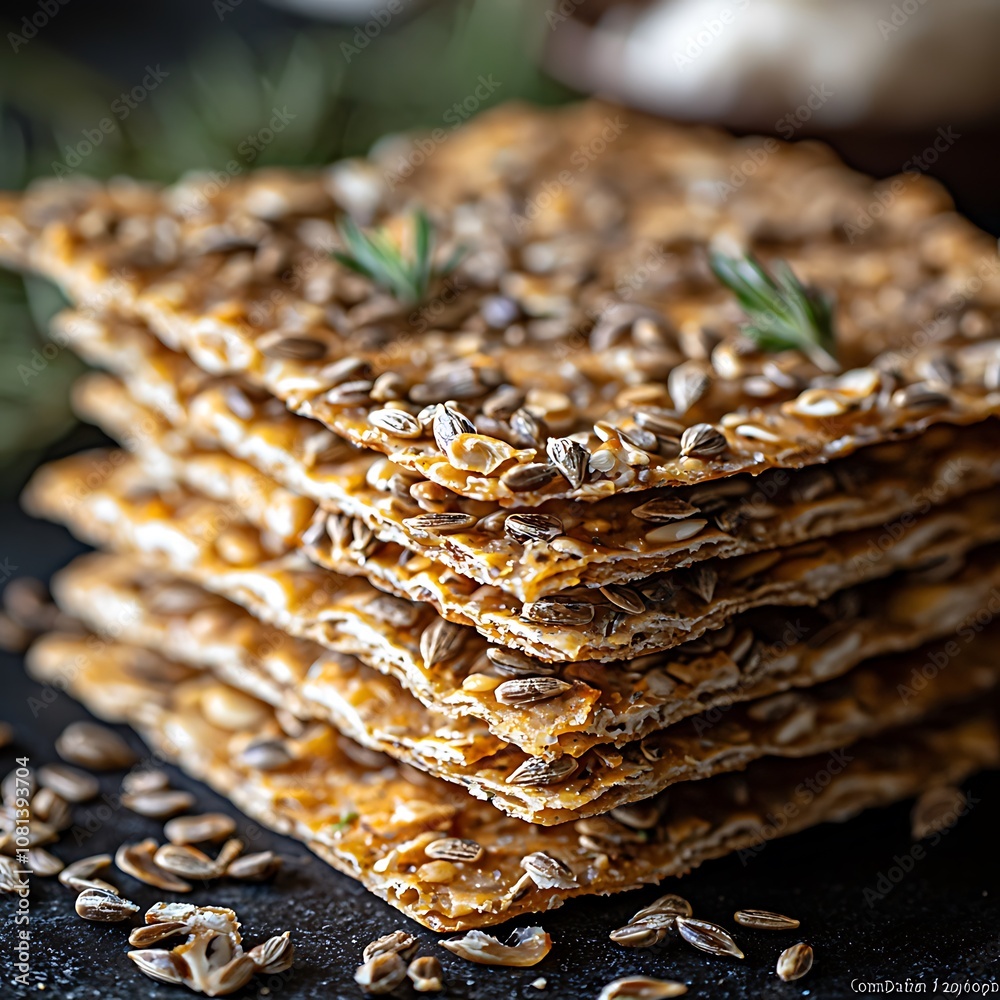 Close-up of Crunchy Multigrain Crackers with Seeds. Close-up of Crunchy Multigrain Crackers with Seeds.