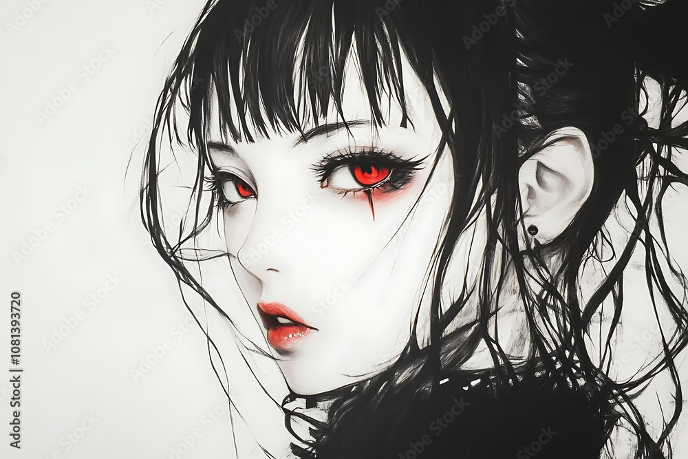 Anime girl with red eyes and black hair. Digital art, gothic style ...