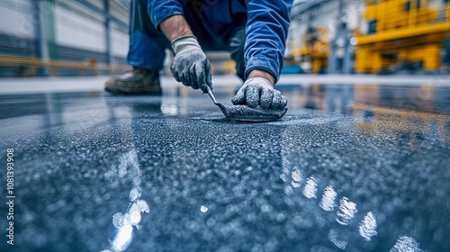 A Worker in Blue Coveralls Applies a Smooth Finish to a Wet Concrete Floor