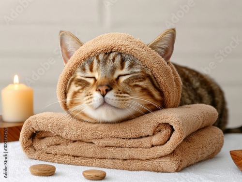 A cozy cat wrapped in a towel enjoys a serene moment, exuding comfort and relaxation in a warm, inviting setting.