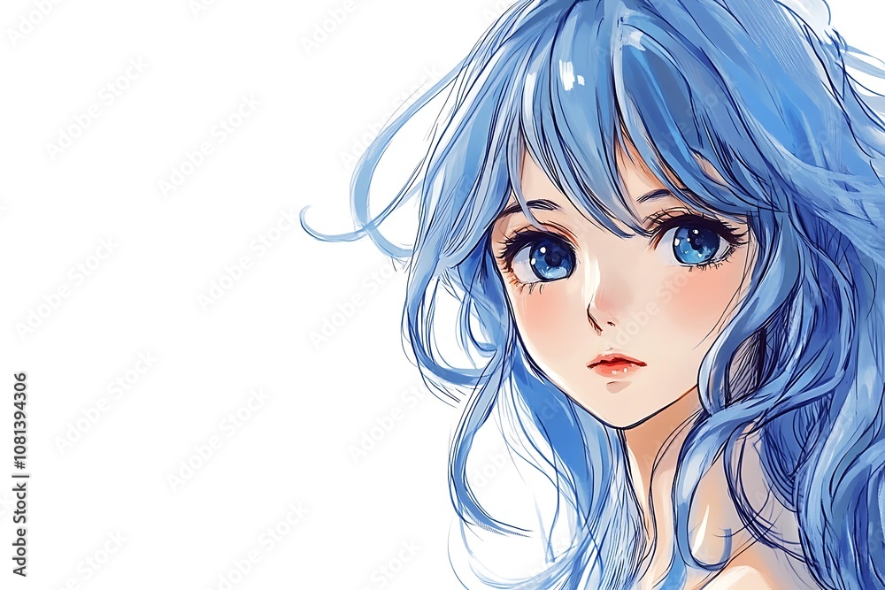 Anime girl with blue hair and blue eyes looking at camera with a soft and gentle expression Anime girl with blue hair and blue eyes looking at camera with a soft and gentle expression