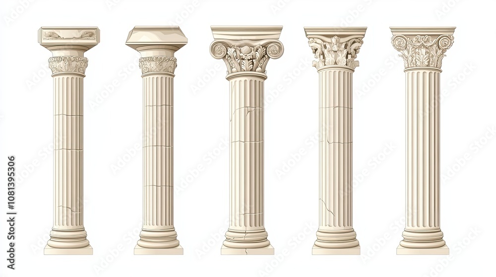 Five Ornate Roman Columns with Different Capitals