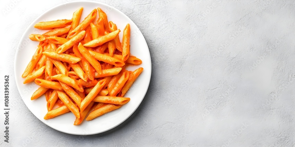 Top view of penne pasta in red sauce on a white plate against a light grey slate or concrete background, providing a copy space image Top view of penne pasta in red sauce on a white plate against a light grey slate or concrete background, providing a copy space image