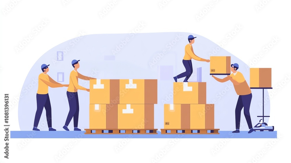 Fototapeta premium An illustration of four warehouse workers packing boxes onto pallets.