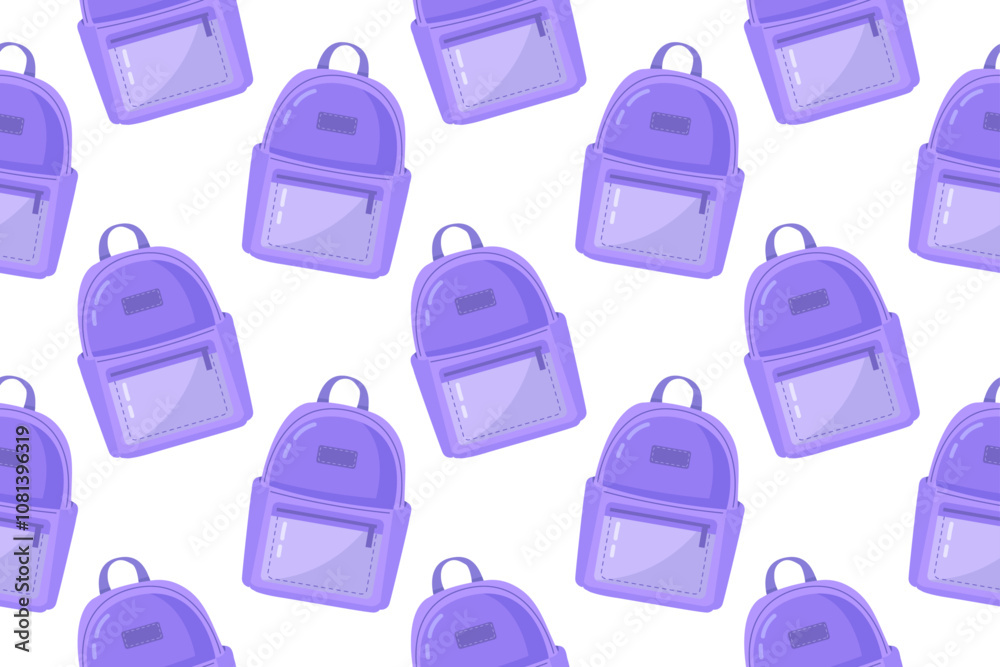 Seamless pattern with purple backpack, schoolbag. Vector illustration background, wallpaper isolated on white background Seamless pattern with purple backpack, schoolbag. Vector illustration background, wallpaper isolated on white background