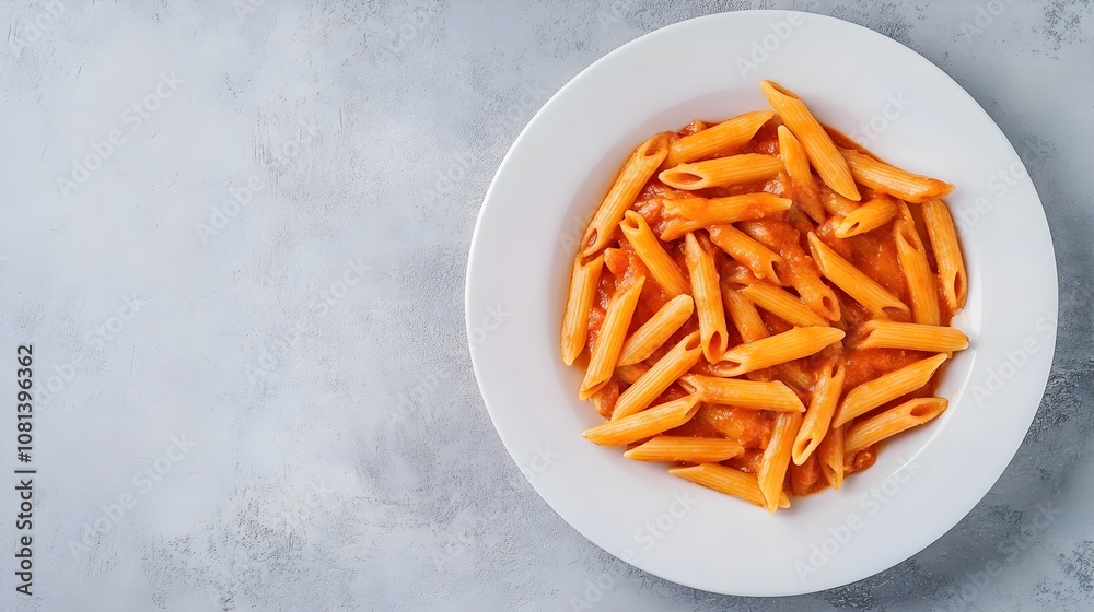 Top view of penne pasta in red sauce on a white plate against a light grey slate or concrete background, providing a copy space image Top view of penne pasta in red sauce on a white plate against a light grey slate or concrete background, providing a copy space image