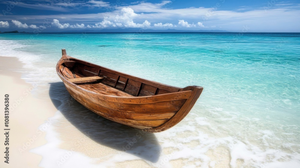 wooden boat on beautiful beach at ocean in summer wooden boat on beautiful beach at ocean in summer